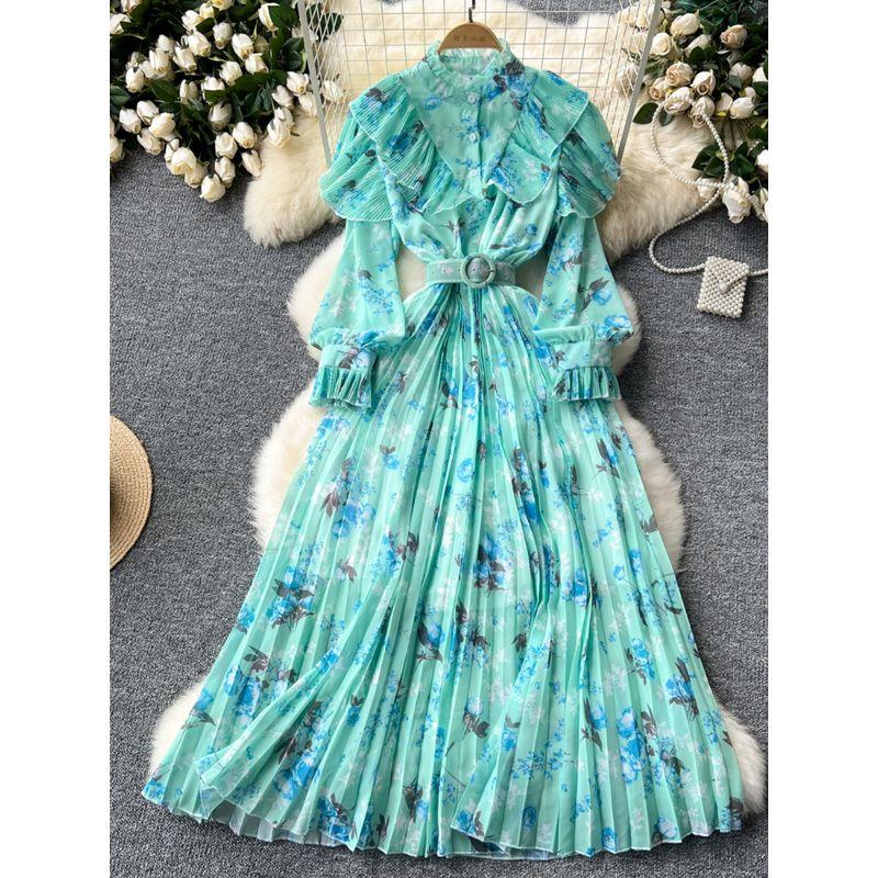 French Style Fancy Print Chiffon Dress Women's Ruffles Patchwork Waist-Slimming Slim Looking Elegant Elegance Pleated Dress