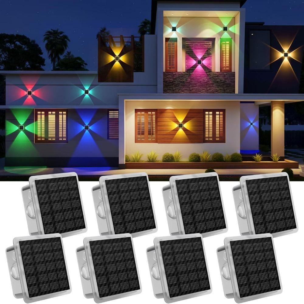 Solar Powered Solar Fence Lights Warm White/RGB with 8 Modes Fence Lights IP65 Waterproof New 4-Way Lighting for Backyard Wall