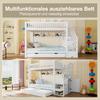 Etagenbett Kinder 90x200, Hochbett Ausziehbett, Kleiderschrank, Ablageleiter, Regal, Lattenrost, Kiefernholz, Weiß (ohne Matratze)