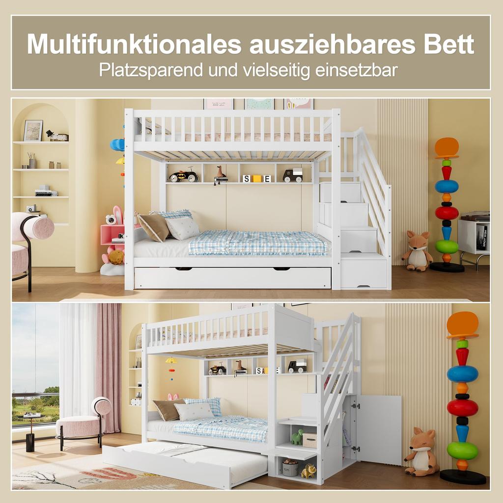 Etagenbett Kinder 90x200, Hochbett Ausziehbett, Kleiderschrank, Ablageleiter, Regal, Lattenrost, Kiefernholz, Weiß (ohne Matratze)