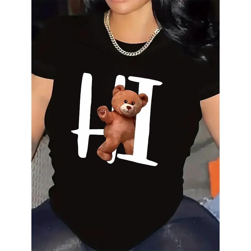 Women Cute Bear HI Print T-Shirt Black All-Over Print Stretch Polyester Round Neck Soft Short Sleeve Home Office Casual Machine Washable Top