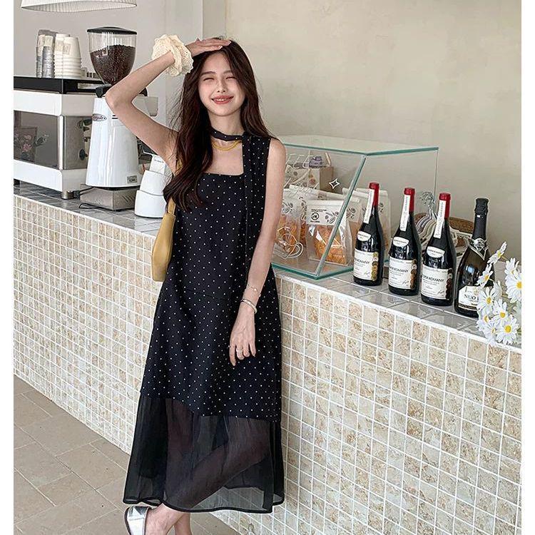 Plus Size Korean Style Black Polka Dot Lace Trim Dress (260 Jin)