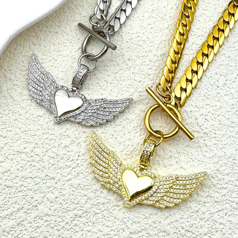 Love Heart Angle Wing Zircon Choker Necklace for Women Men Stainless Steel Clavicle Chain Copper Pendant Couple Jewelry Gift