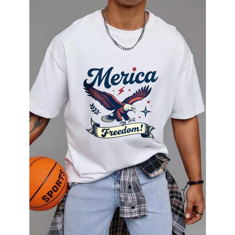 Merica Freedom Eagle Graphic T-Shirt White Patriotic American Eagle Design with Stars and Lightning for Casual Wear Independence Day Celebration