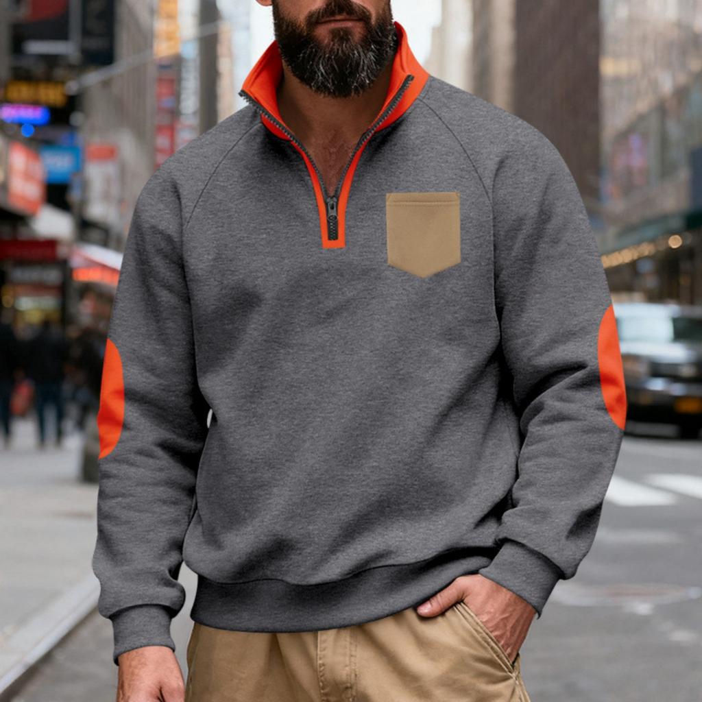 Men's Loose And Casual Two-color Fleece Stand-up Collar Pullover, Half-zipper Long-sleeved Sweatshirt