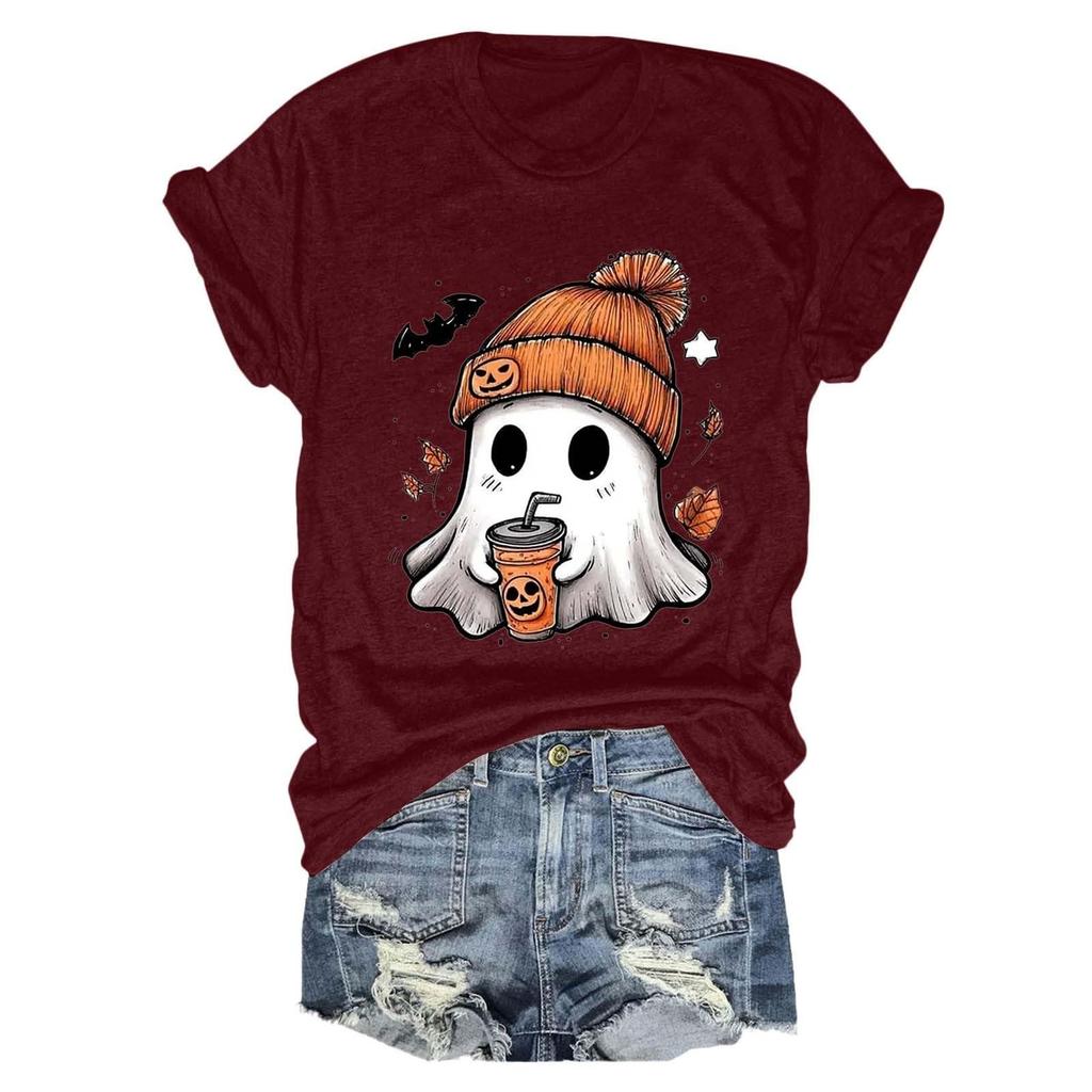 Women's fashionable casual short-sleeved Halloween printed round-neck top