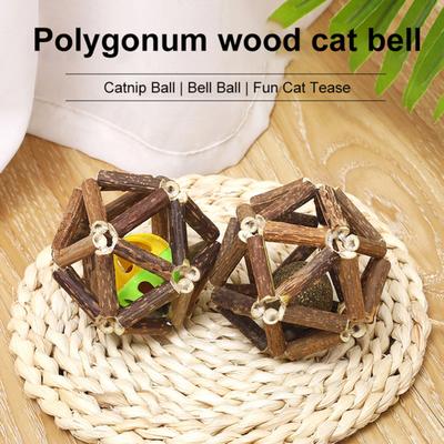 Natural Wood Catnip Chew Ball with Bell Teeth Cleaning Wood Balls Interactive Rolling Bells for Kittens Promotes Digestion Pet Molar Toys