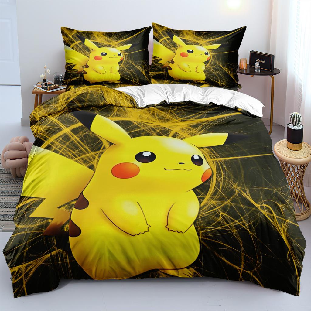 New P-Pokemon Bedding Set Cartoon Anime Pikachu Printed Duvet Cover Comforter Pillowcase Boys Girls Children Adults King Gift