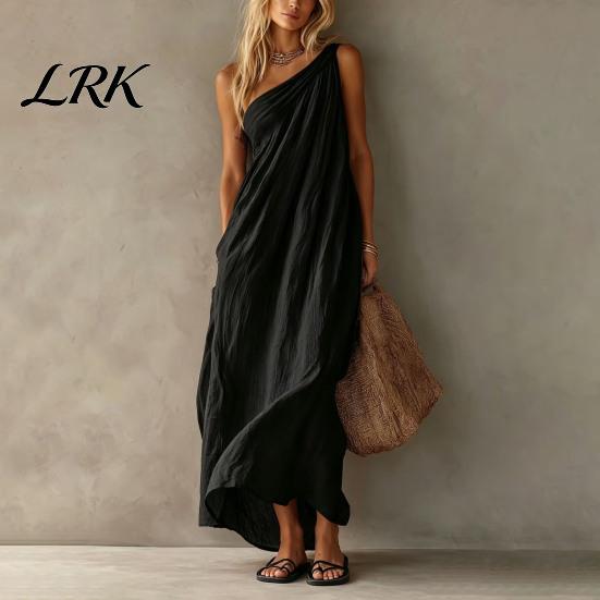 Comfortable Daily Dress Women's Summer One Shoulder Beach Sundress, Pleated A-line Lightweight Women Flowy Long Dress, Casual Loose Travel Vacation
