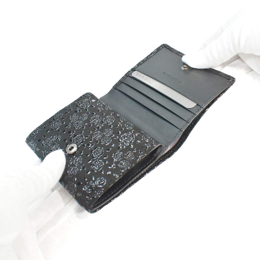 Inden Bill Compartment Coin Black with Black Small Rose [Inden-ya] Bi-fold Wallet, H, Box-type Purse, Deerskin, Lacquer, Pattern, 2204-01-176