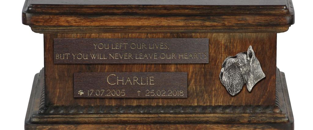 Schnauzer I - urn for dog ashes, personalized urn with a statue, wooden urn with a dog by Art-Dog brand