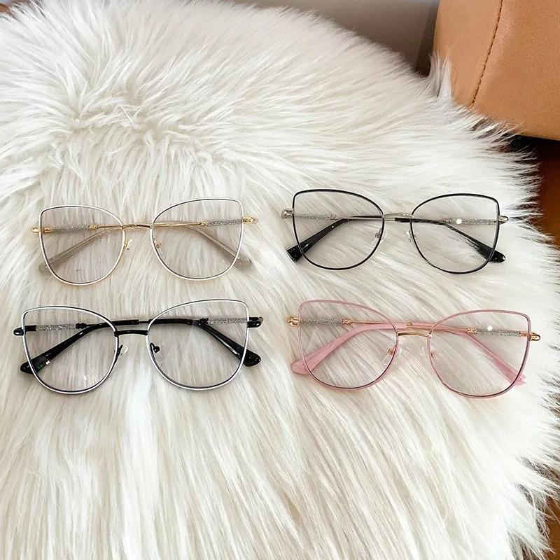 Cat Eye Metal Pochromic Glasses Glitter Anti Blue Light Glasses Retro Round Metal Frame Anti Blue Light Computer Glasses