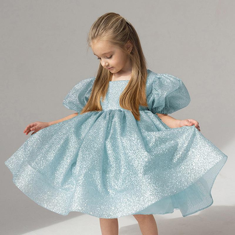 Bubble Sleeve Princess Dress Flower Girl Baptism Gown for Kids' Party Piano Performance Pageant