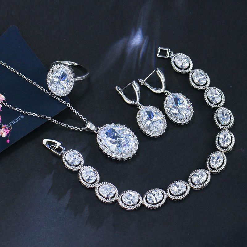Dinner Wedding Set, Earrings, Ring Necklace, Four-Piece Set, Brass Micro-Zircon Jewelry.