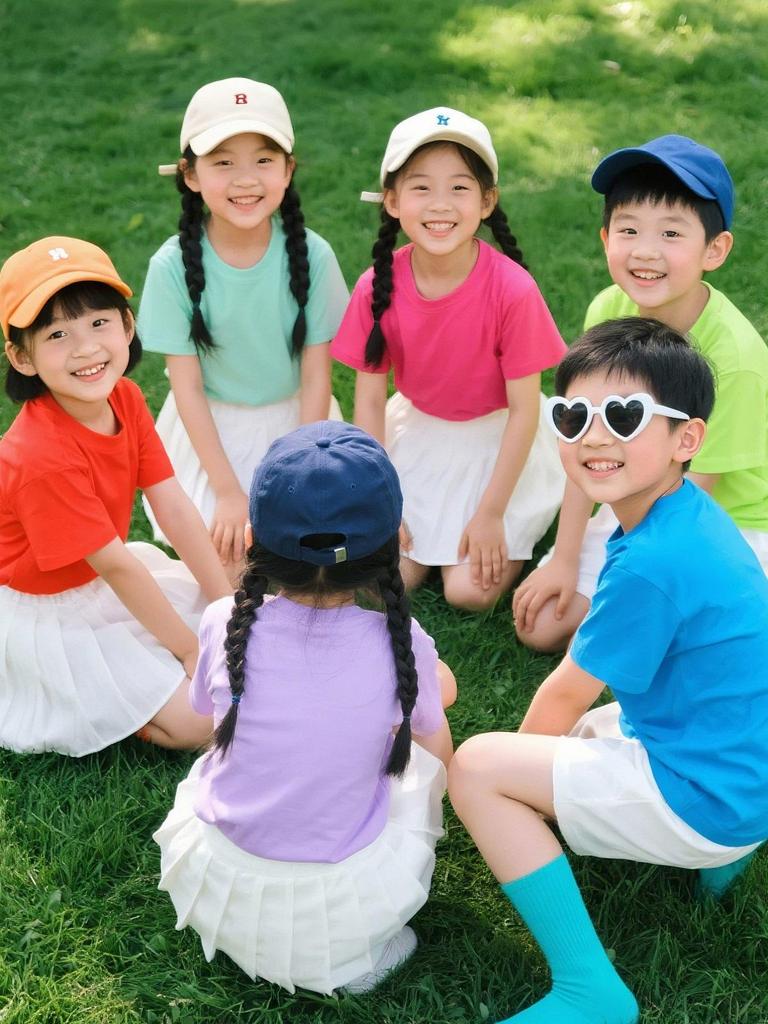 Colorful Children's Short Sleeve T-shirt Set for Kindergarten Sports and June 1st Performances.