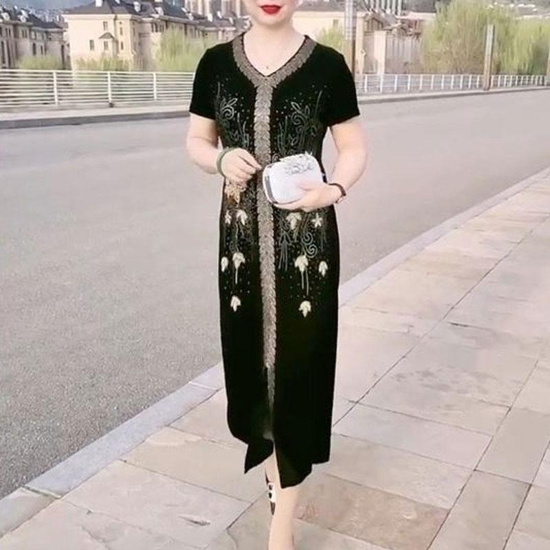 Elegant V-Neck Dresses Straight Summer Short Sleeve All-match Stylish Vintage Flowers Diamonds Midi Dress