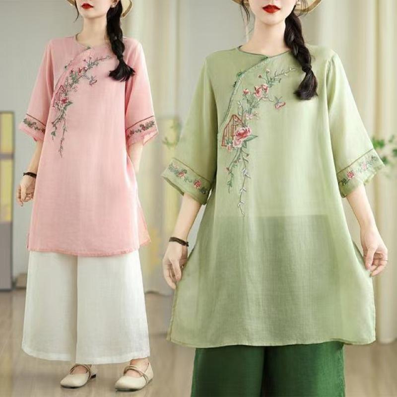 Women s Mid-Length Embroidered Cotton Linen Dress - Summer Slimming Style XL розовый