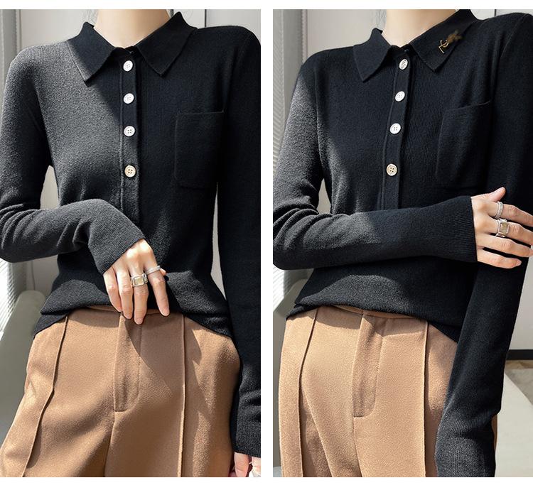 Women's Slimming Knit Wool Polo Collar Top with Pockets - Spring Style