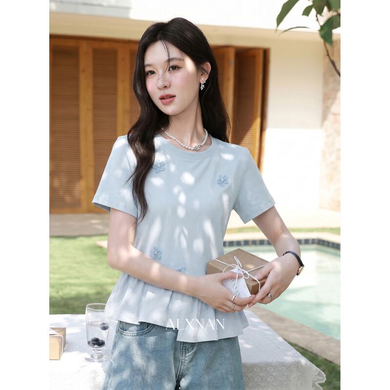 Luxiangnan Women s Elegant Irregular Round Neck Blue T-Shirt L