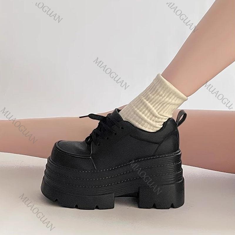 Retro British Style Black Leather Shoes New Spring Autumn Pumps for Women Heightening Thick Bottom Mary Jane Heeled Single Shoes
