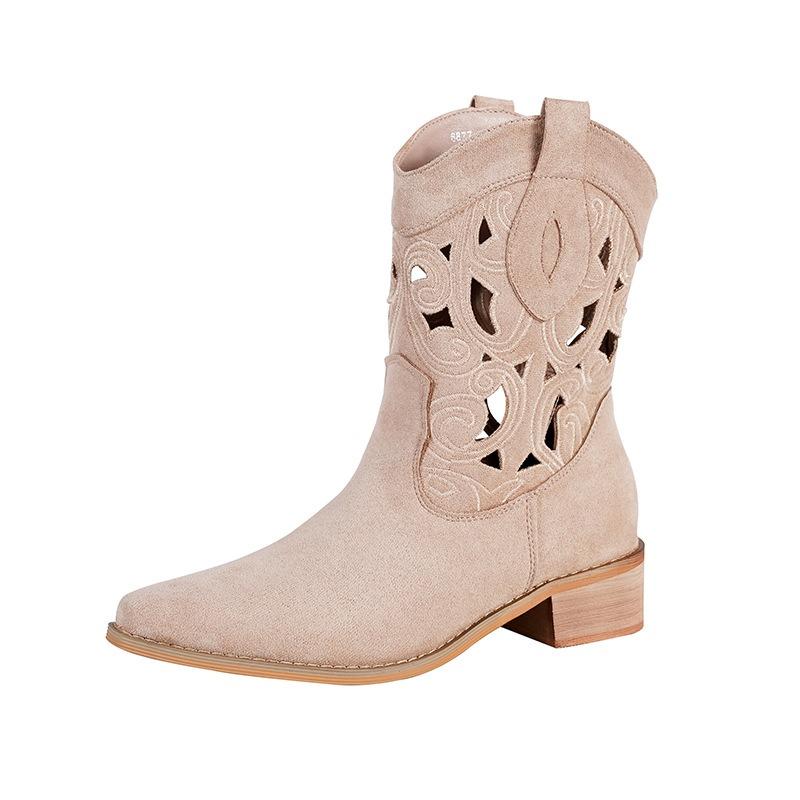 Flowering on the other side, new western cowboy boots embroidered hollow women's thick heel V-mouth knight boots women's retro short
