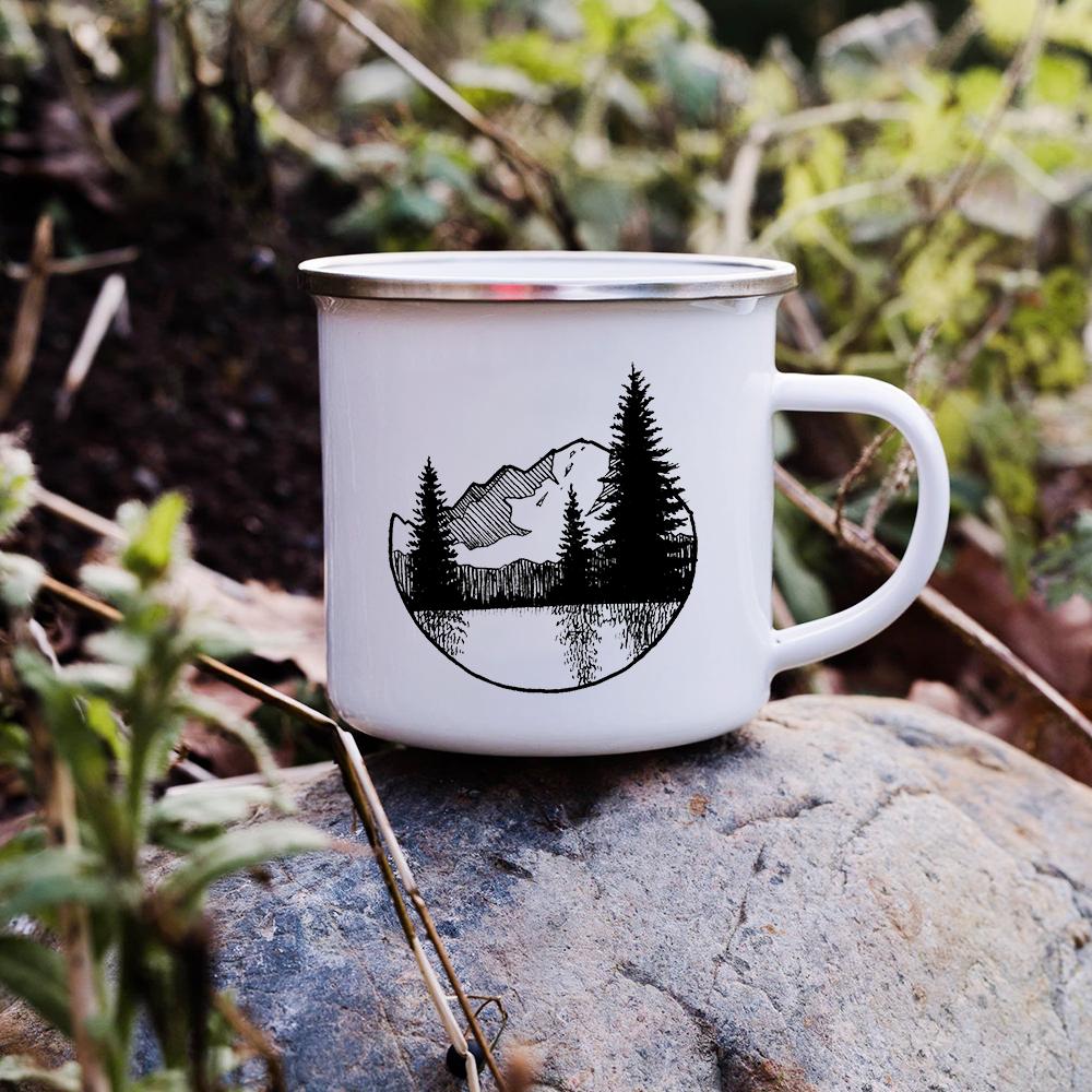 Sunset Forest Creek Creative Enamel Coffee Mugs Outdoor Travel Water Cups Camping Bonfire Party Beer Drink Milk Mug Best Gifts