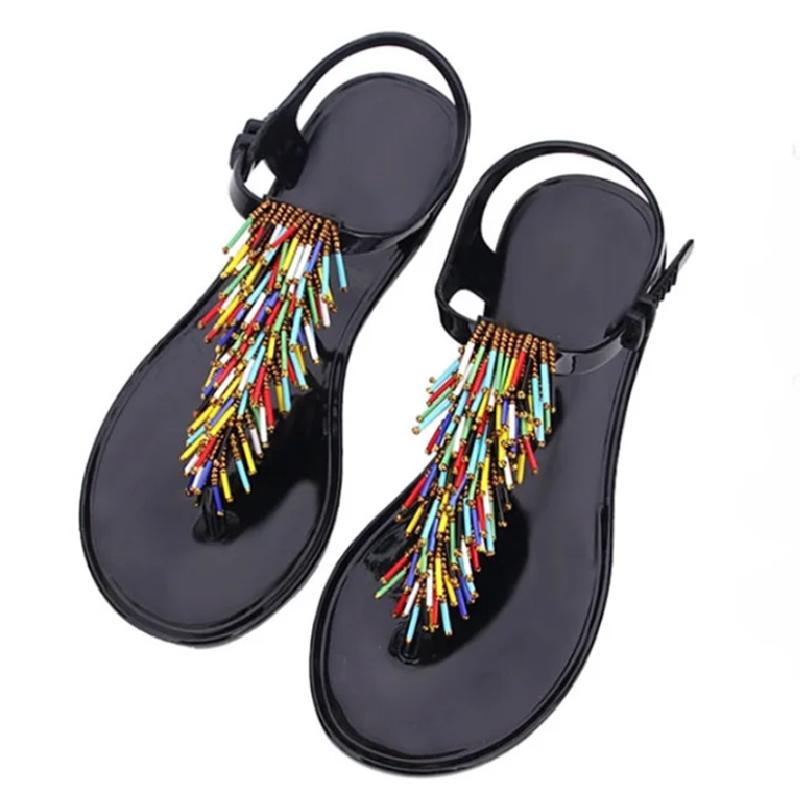 Fashion Colourful String Bead Decoration Design Flat Slippers Women Summer Sexy Clip Toe Ankle Strap Buckle Slipper Comfort Beach Sandal