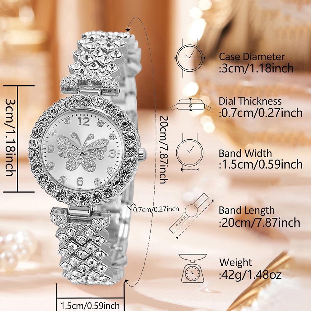 5PC Luxury Women Watch Set Fashion and Trendy With Rhinestone Butterfly Element Dial Quartz Watch Bracelet Set Perfect Gift