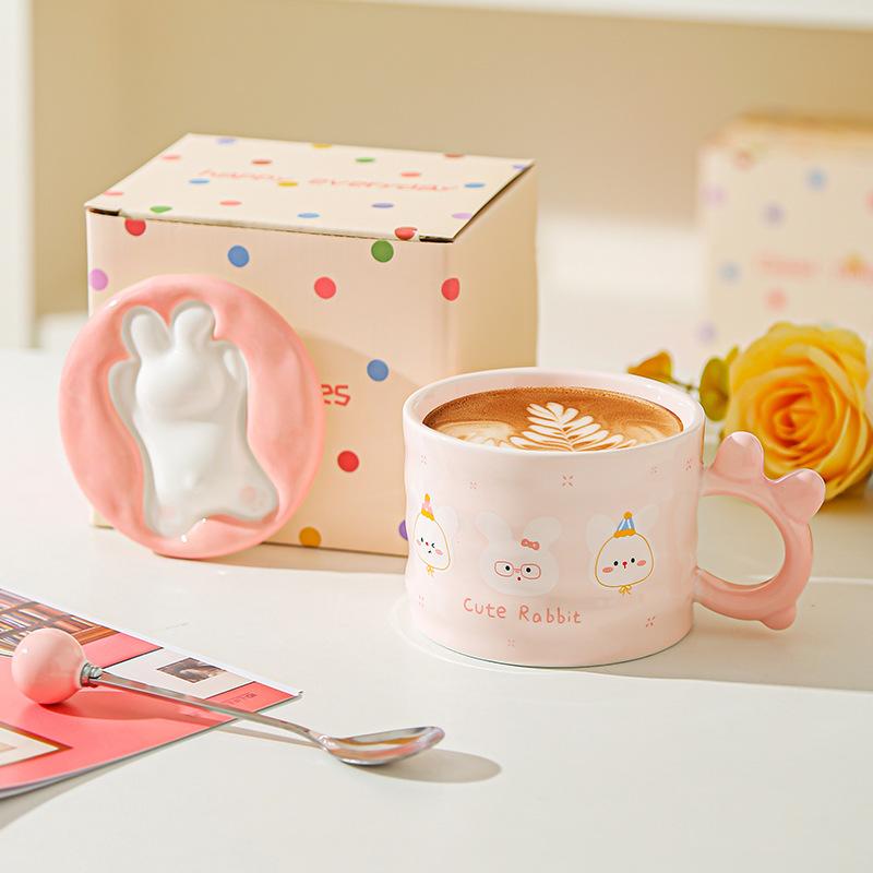 Little Rabbit Cartoon Lid Ceramic Cup Girls High Temperature Resistant Mug Cute Creative Water Cup Office Small Gift Cup
