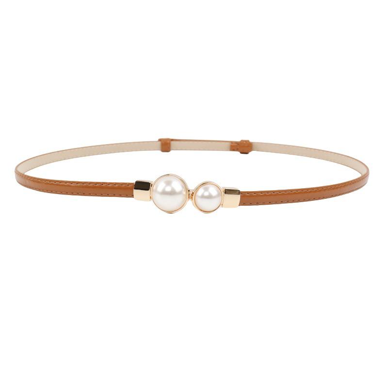 Pearl Black Leather Waist-Cinching Belt for Women - Stylish and Versatile Thin Waistband