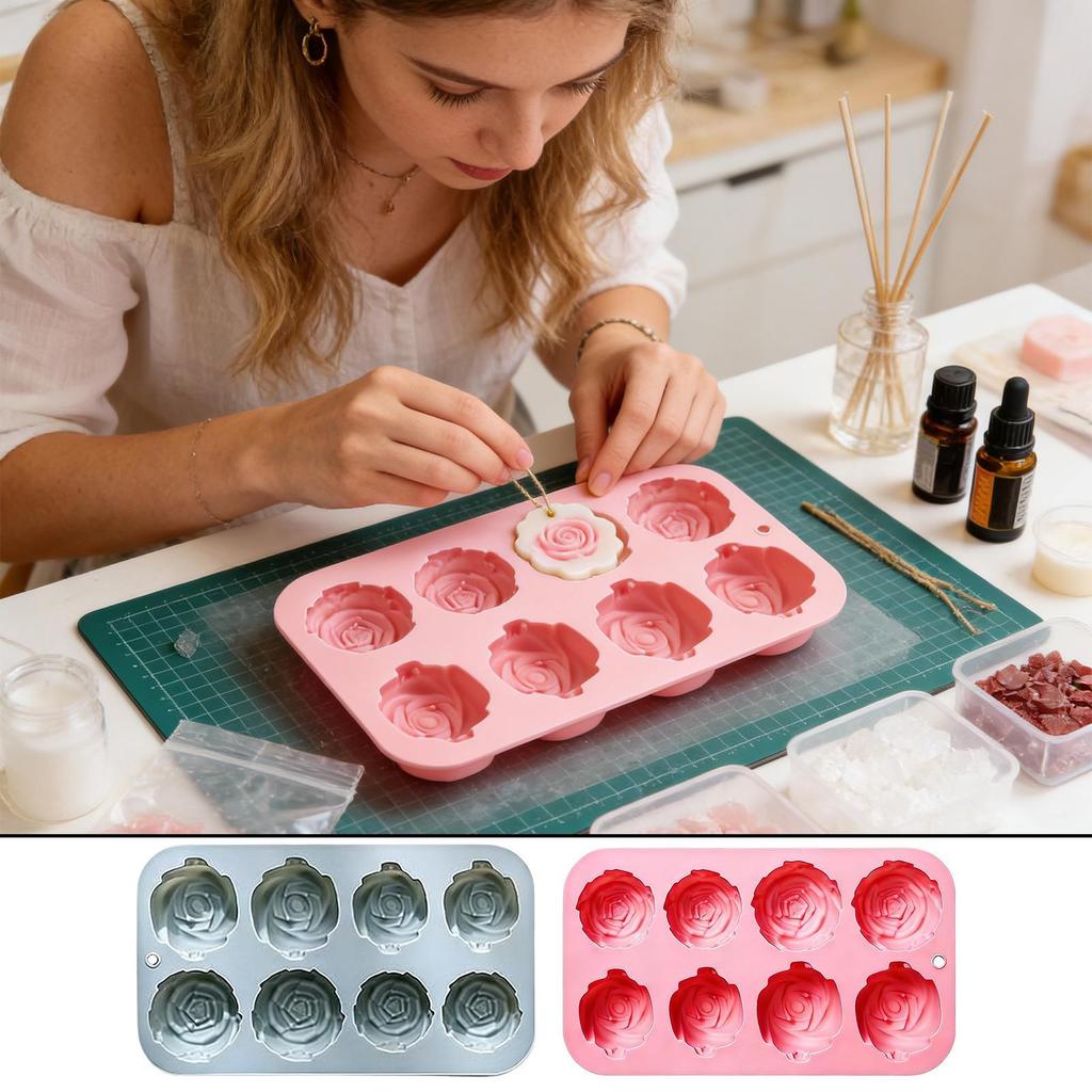 8 Holes Rose Flower Silicone Molds Handmade Soap Candle Silicone Mold DIY Cake Chocolate Baking Tools Ice Cubes Making Mould