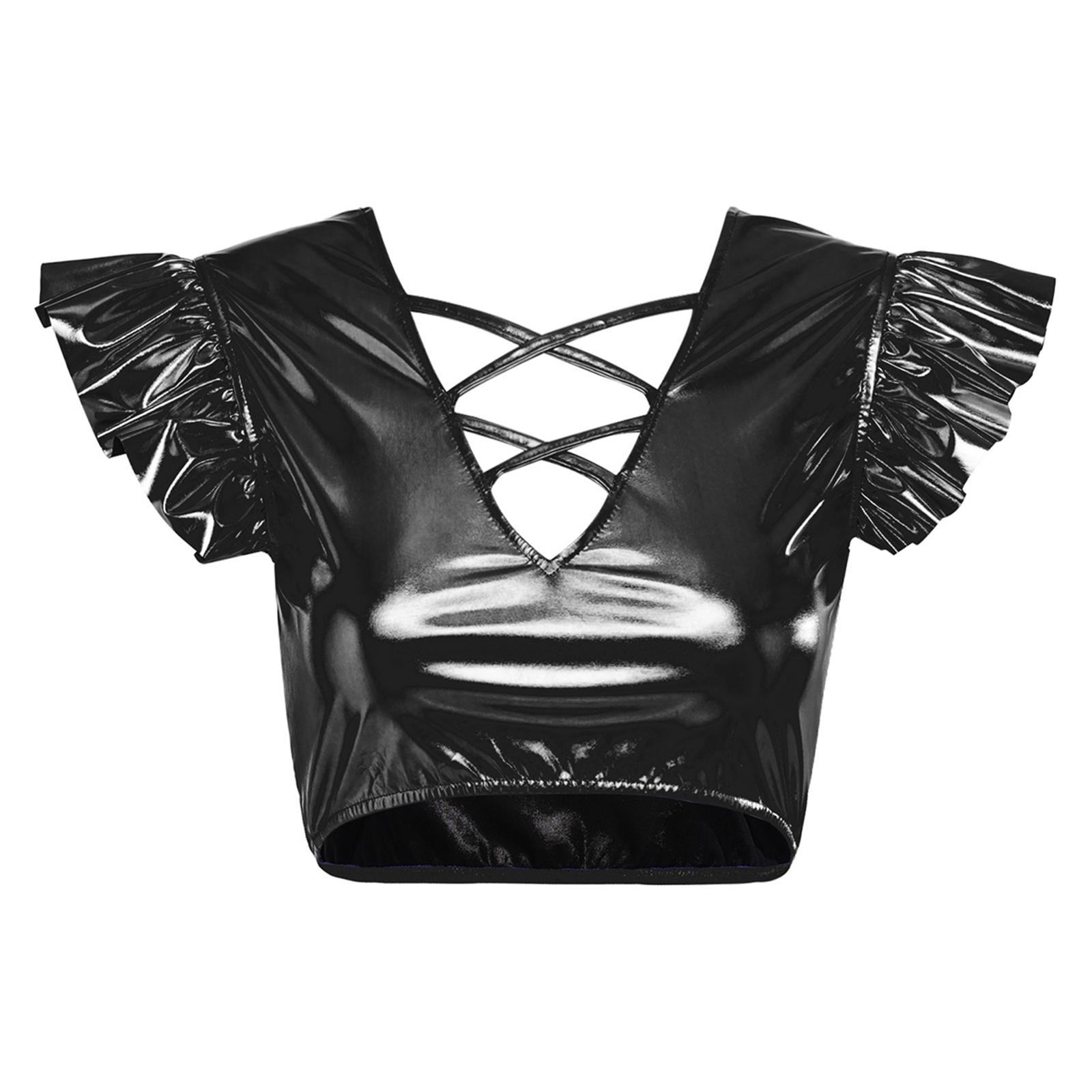 

Womens Metallic Shiny Crop Top Strappy V Cutout Ruffled Fly Sleeve Iridescent Jazz Dance Party Top S чорний