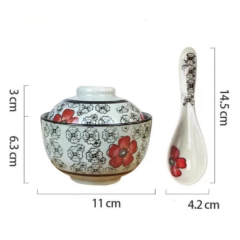Japanese Style Jingdezhen Underglaze Ceramic Bowl with Lid, Covered Soup Bowl for Noodles, Ramen & Rice 4.5inch A