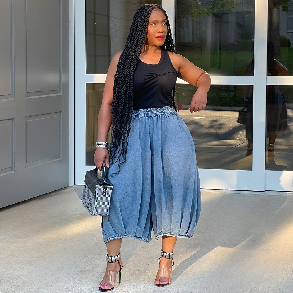 Women's Elastic Waist Wide Leg Capri Pants Loose Straight Leg Denim Culottes Streetwear Casual Cropped Trousers