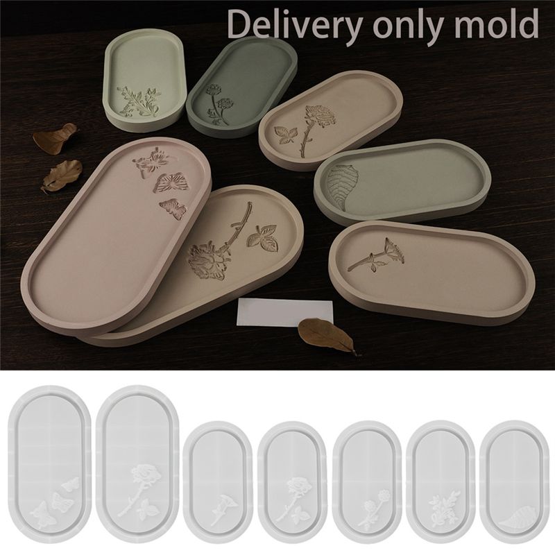 M-Modern-7 Piece Oval Storage Tray Cement Silicone Mold Pallet Mold Milky White Resin Concrete Plaster Mould