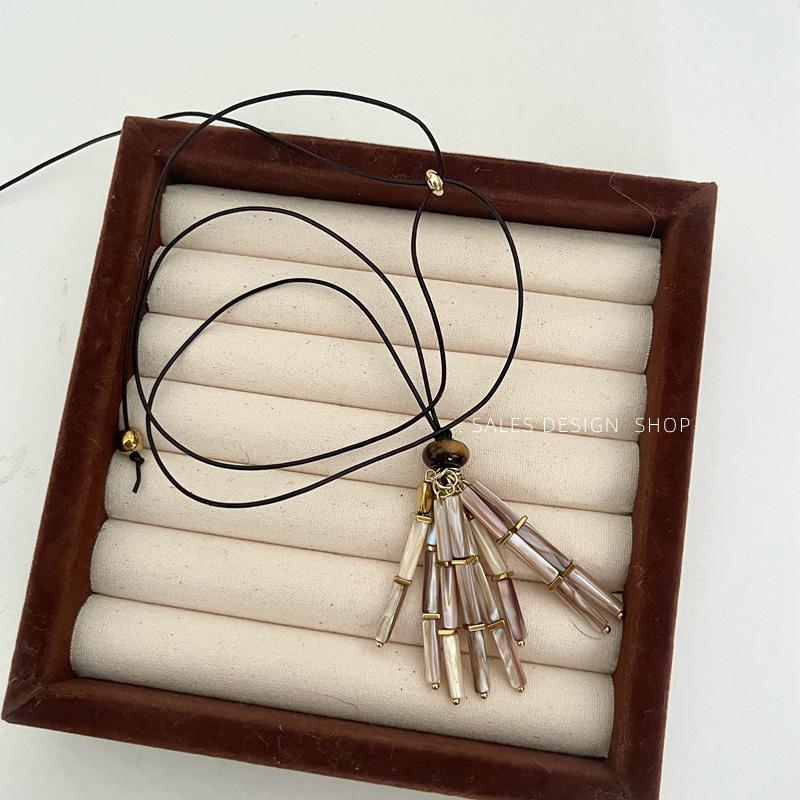 Vintage Tiger Eye Bead Necklace with Clam Tassel and Waxed Rope