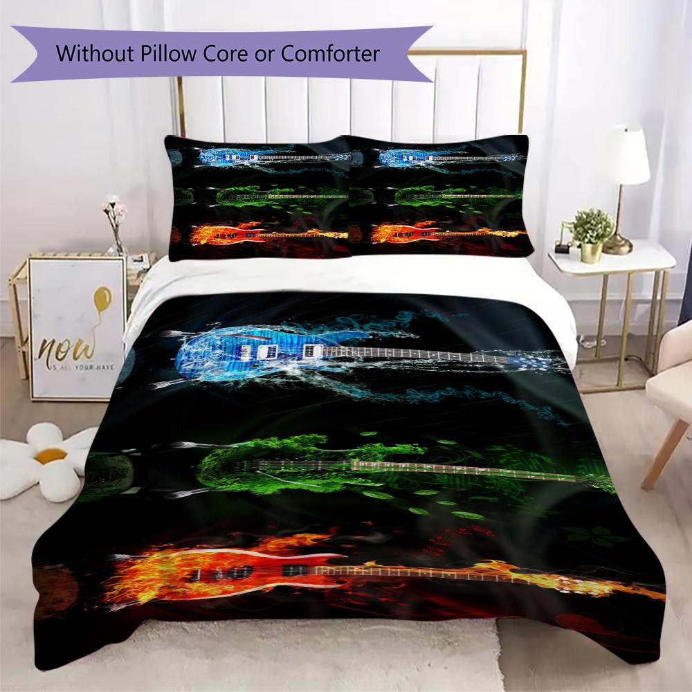 1PC Electric guitar Theme Bedding Quilt Set Quilt Cover Pillowcase Home Decoration Birthday Gift (1 * duvet cover + 2 * pillowcase, without core)A3