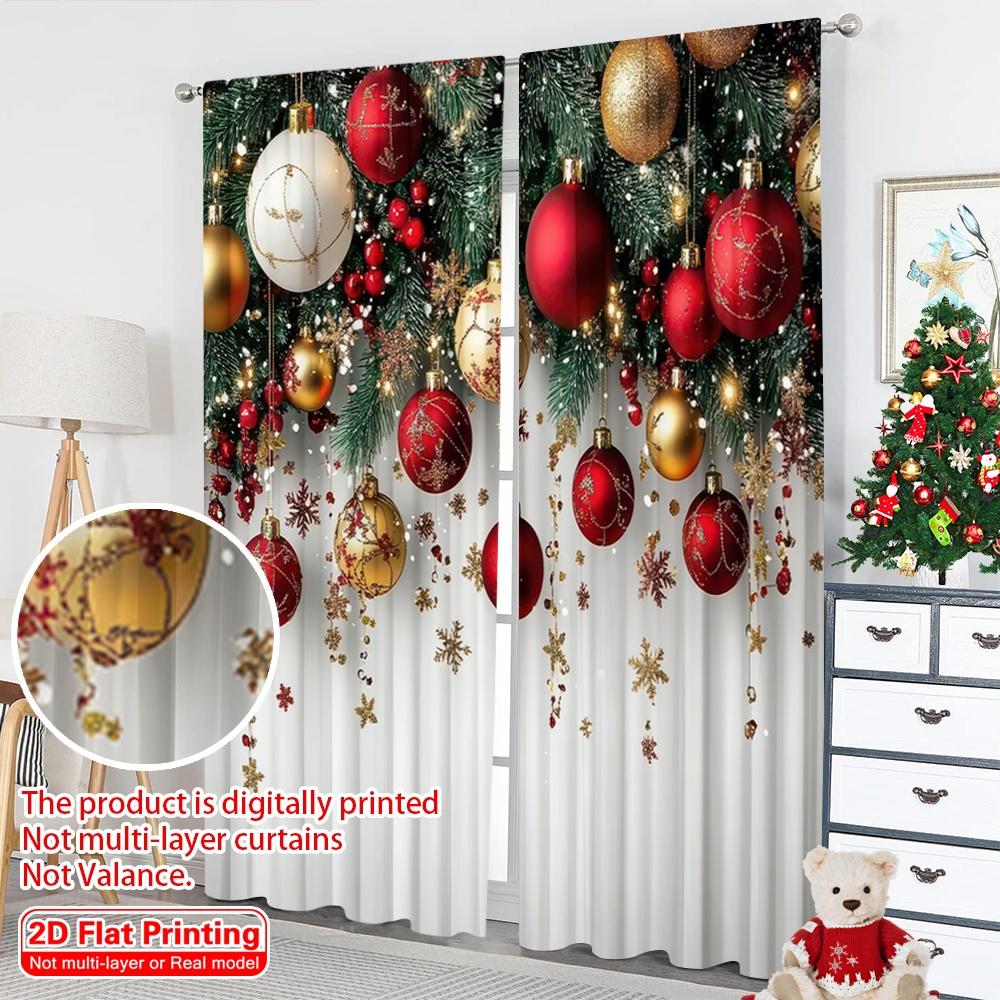 2D flat printing 2pcs Merry Christmas Popular Curtain Red and Gold Ball Pine Branch Snowflake Versatile 100% Polyester Without