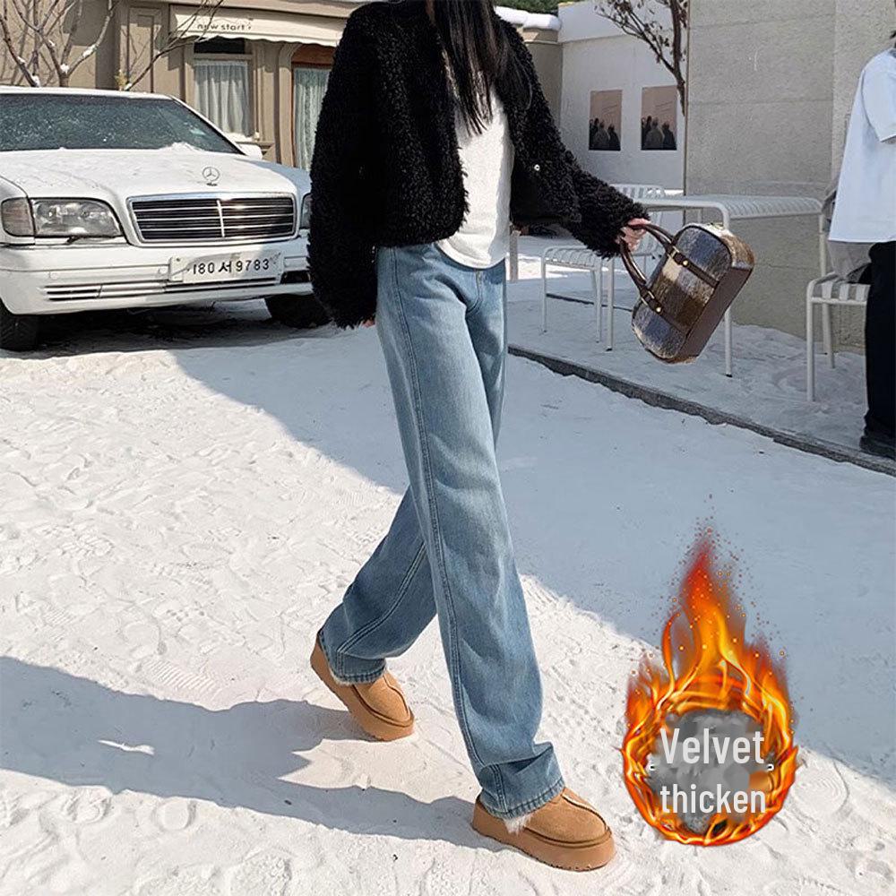 Women's High-Waist Wide-Leg Velvet Jeans: Warm, Slim Fit for Autumn & Winter