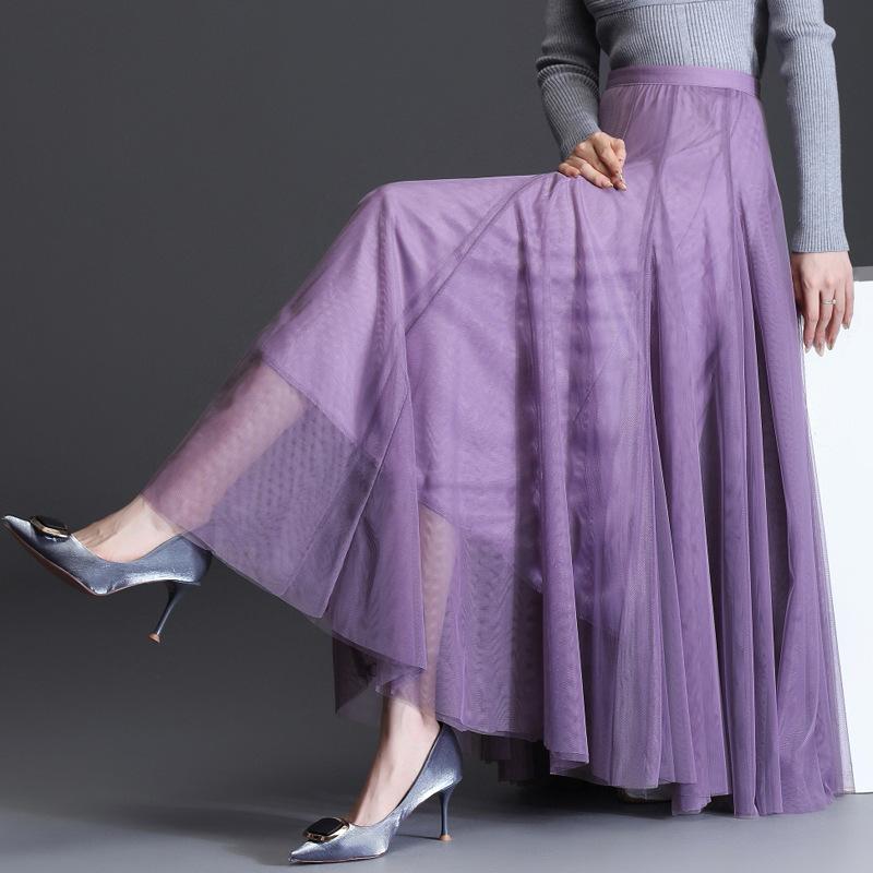 Spring Autumn Summer Holiday Beach Women Long Midi Skirt Ladies Elastic High Waist Tulle Mesh Pleated Tutu Skirt