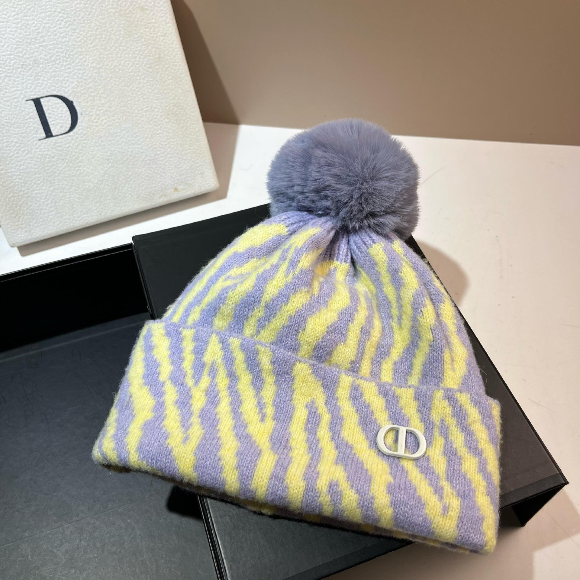 

Sweet Hairball Knitted Hat Cute Zebra Striped Retro Wool Ear Hat Winter Warm Soft Waxy Pile Hat one size