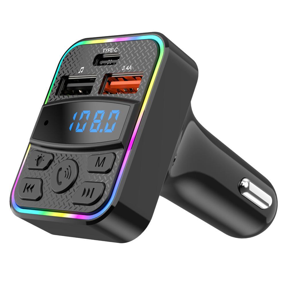 Car Fast Charge Bluetooth 5.0 FM Transmitter PD Dual Player Music Type-C Colorful Ambient MP3 Light Cigarette Lighter USB