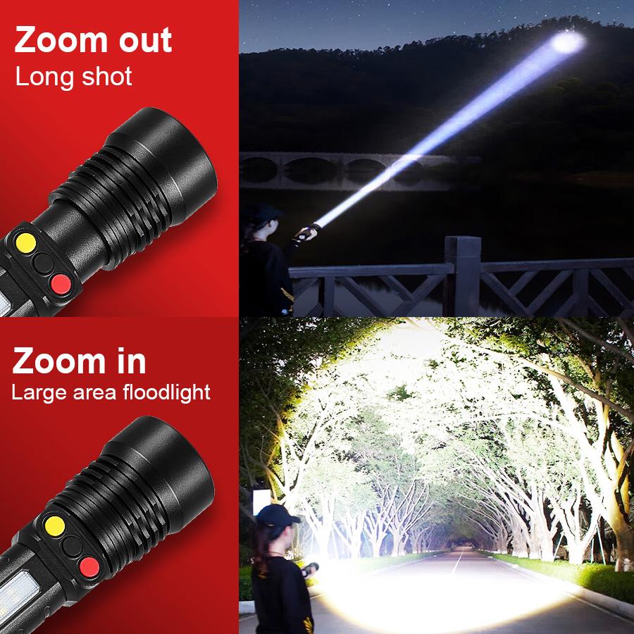 99000LM High Power Flashlight 3 Light Source Rechargeable Torch With Yellow Light Outdoor Work Camping Lantern Zoom Torch Light