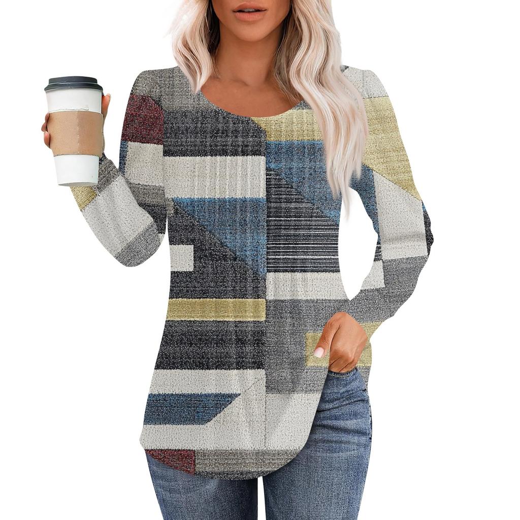 Women's Fashion Casual Pleated Round Neck Geometric Square Print Long Sleeve T-shirt Top