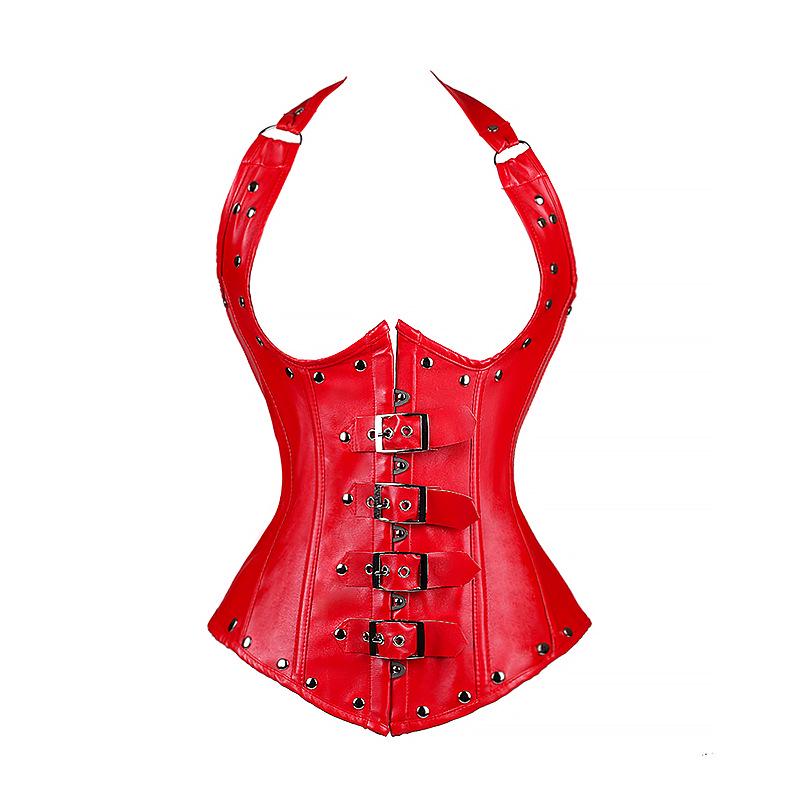

Европейский и американский придворный готический корсет-халтер из искусственной кожи на стальных костях 4XL красный
