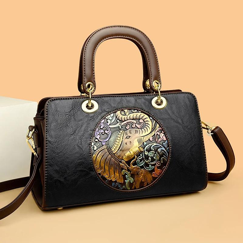 Retro Chinesische Damenhandtasche Neues Luxusmaterial PU Traditionelles Reliefhandwerk Elefantenmuster Damen-Umhängetasche