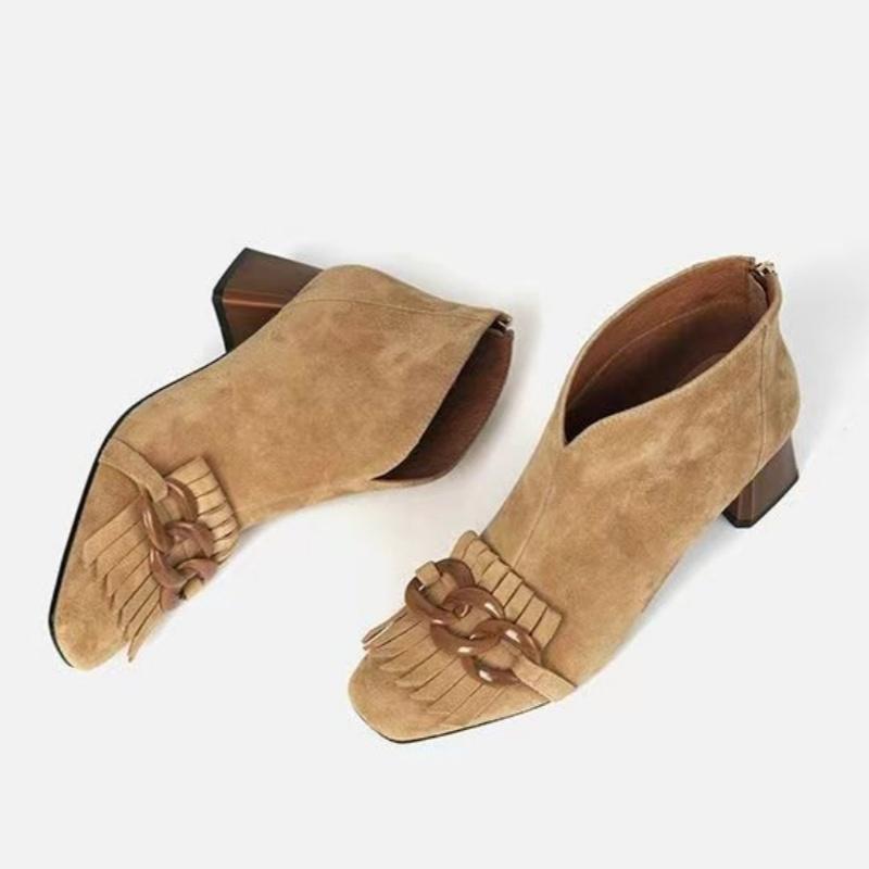 Mode Fransen High Heels Stiefeletten Damen Quadratische Zehen Wildlederschuhe Winter 2025 Trend Elegant Büroschuhe Retro Pumps Zapatos Mujer