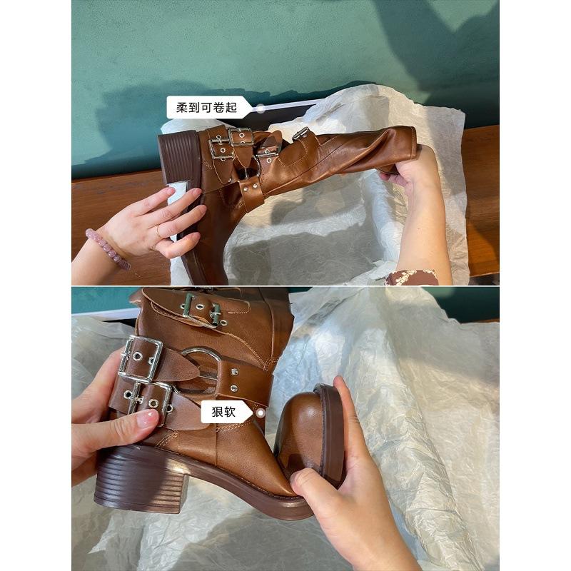Cowhide Version Boots, Long Boots, Women's Thick Soles, Popular This Year, Maillard Western Cowboy Boots, Retro Knight Boots