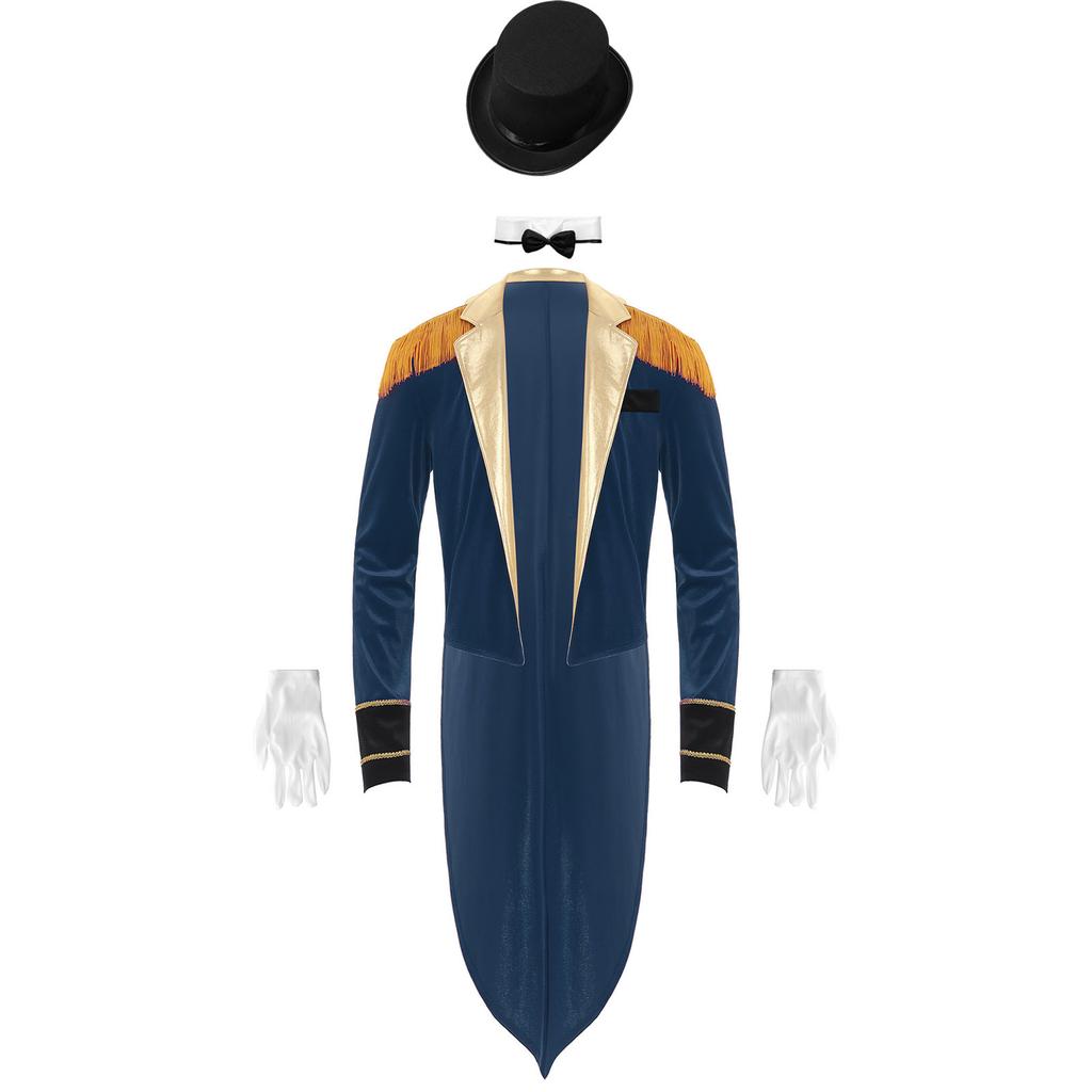 Mens Circus Ringmaster Costume Set Long Sleeve Lapel Fringed Shoulder Tailcoat Jacket Hat Collar Gloves Carnival Cosplay