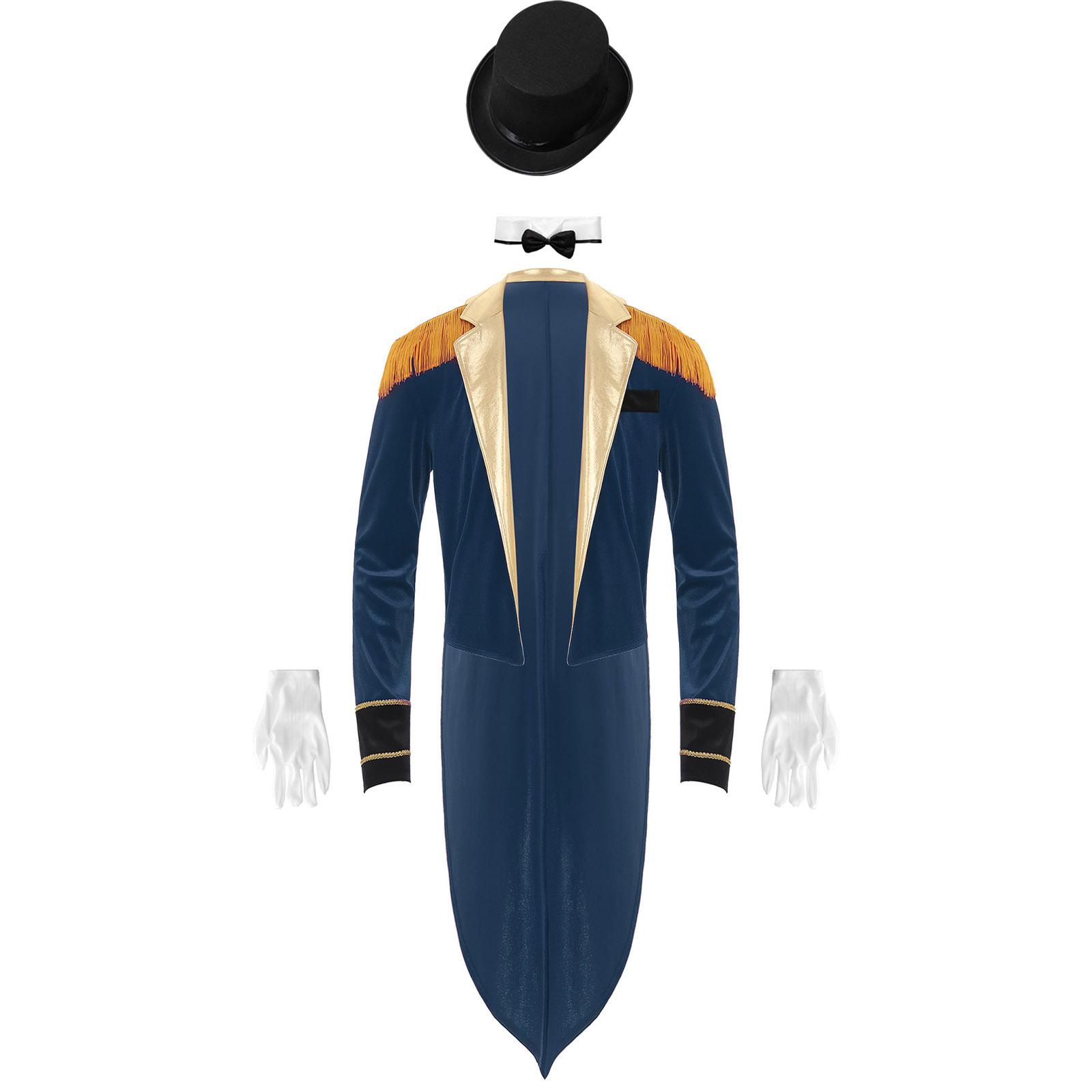

Mens Circus Ringmaster Costume Set Long Sleeve Lapel Fringed Shoulder Tailcoat Jacket Hat Collar Gloves Carnival Cosplay S темно-синього кольору
